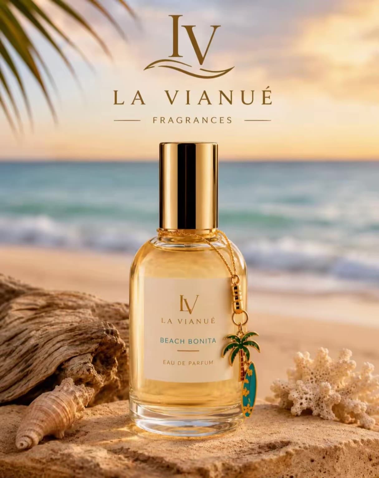 Beach Bonita Eau de Parfum by La Vianué on a beach at sunset